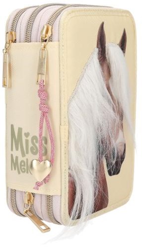 Depesche trousse Miss Melody 3 compartiments tête de cheval jaune école remplie-3