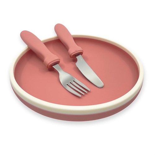 Smikkels - Assiette enfant en silicone avec couverts - Rose