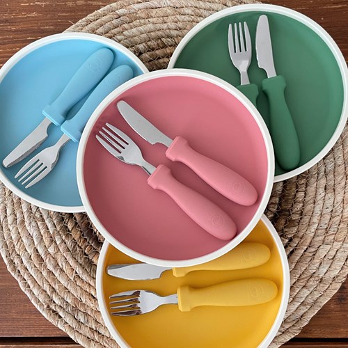 Smikkels - Assiette enfant en silicone avec couverts - Vert-3