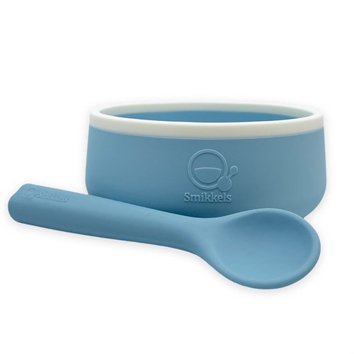 Smikkels - Bol pour enfants en silicone avec cuillère - Bleu
