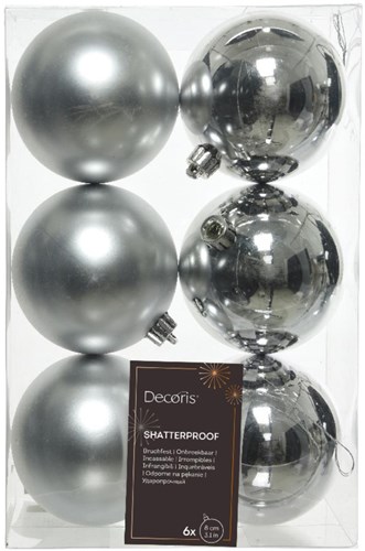 Decoris boules de Noël plastique argent 8cm lot de 6 décoration sapin