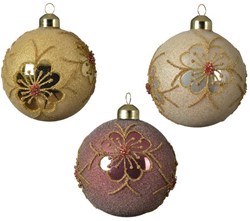 Decoris boules de Noël en verre set rose 8cm avec décoration florale