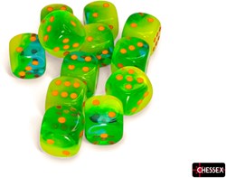 Chessex dés Gemini 16mm d6 Plasma Green-Teal/orange Luminary set 12 pièces