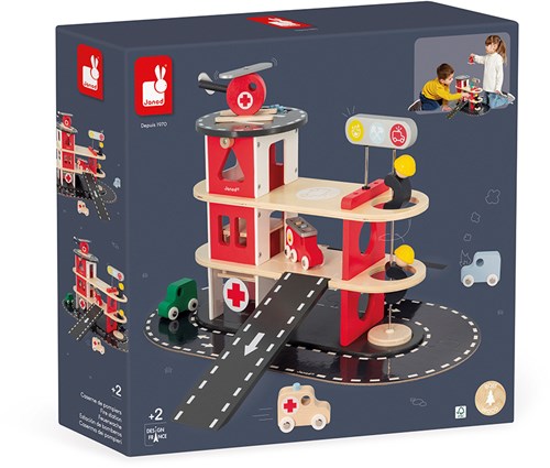 Janod Bolid - Caserne de pompiers jouet en bois avec véhicules-2