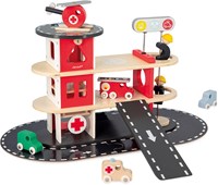 Janod Bolid - Caserne de pompiers jouet en bois avec véhicules