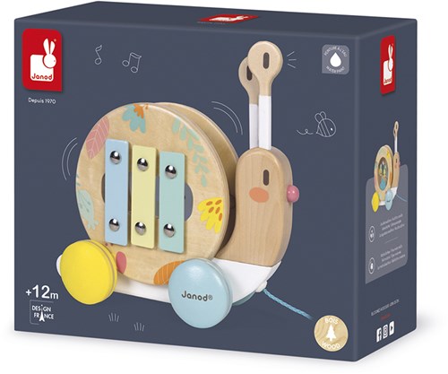 Janod escargot à tirer en bois avec xylophone et tambourin-3