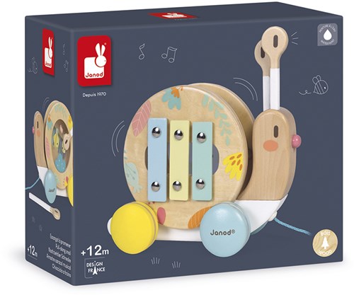 Janod escargot à tirer en bois avec xylophone et tambourin-2