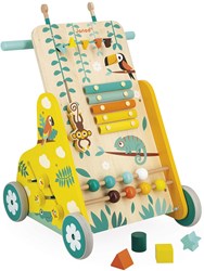 Janod chariot de marche en bois Tropik - pousseur bébé avec activités