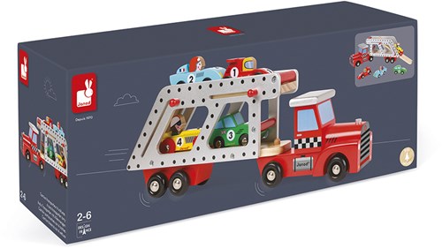 Janod transporteur de voitures en bois - camion jouet avec 4 voitures de course-2