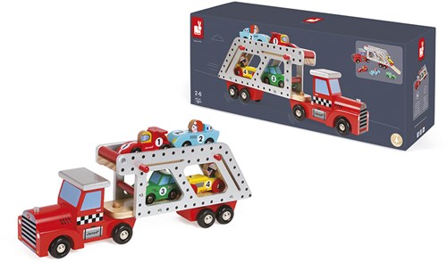 Janod transporteur de voitures en bois - camion jouet avec 4 voitures de course-3