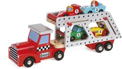 Janod transporteur de voitures en bois - camion jouet avec 4 voitures de course