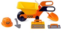 Brouette jouet d'extérieur jaune avec outils et casque pour enfants-3