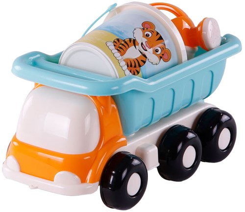 Camion benne de plage jouet bleu avec seau et outils 5 pièces