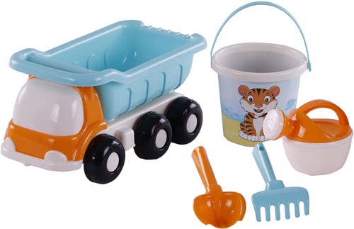 Camion benne de plage jouet bleu avec seau et outils 5 pièces-2