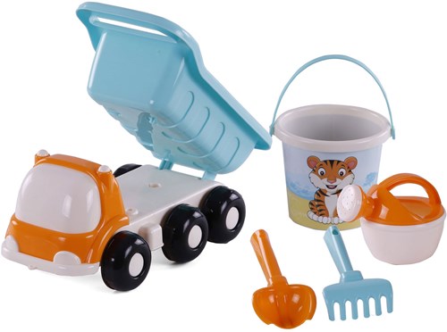 Camion benne de plage jouet bleu avec seau et outils 5 pièces-3