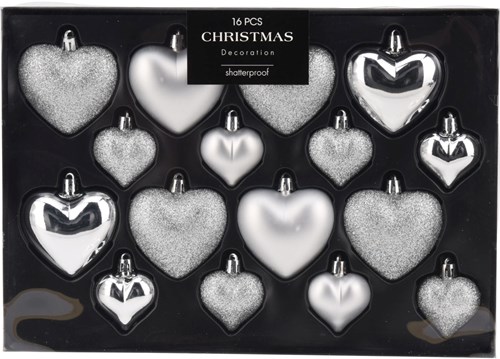 Boule de Noël cœur argent incassable 16 pièces décoration pailletée