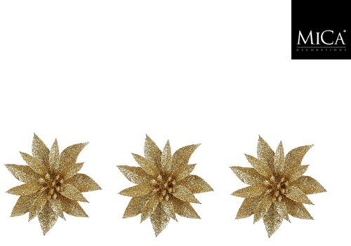 MiCa fleurs de Noël dorées à clipser - lot de 3 décorations plastique