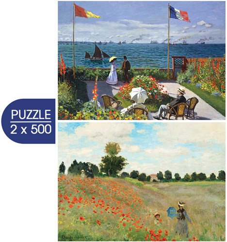 Grafika 2 Puzzles - Die Kunst Monets: Die Terrasse von Sainte-Adresse, 1867 - Mohnblumenfeld, 1873 - 500 Teile