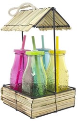 4 Drinkflesjes in houder gekleurd glas