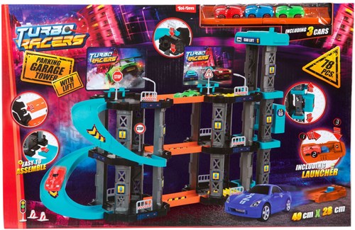 Toi-Toys garage jouet avec ascenseur et voitures - Turbo Racers