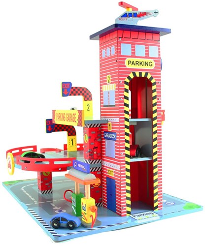 Mentari garage en bois rouge - garage jouet avec ascenseur
