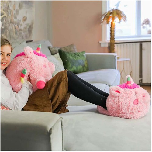 Noxxiez chauffe-pieds licorne - coussin jouet rose en peluche-3