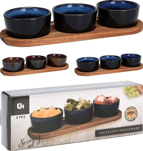 Excellent Houseware set de service en céramique sur plateau en bois 4 pièces bleu