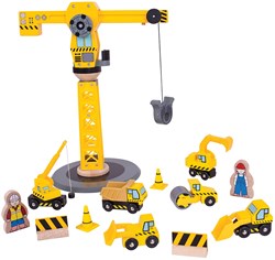 BigJigs grue en bois véhicules de construction - coffret 13 pièces