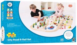 Bigjigs coffret ville en bois train et voitures - jouet 110 pièces
