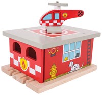 Bigjigs ensemble train en bois caserne de pompiers avec héliport-2