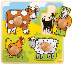 BigJigs puzzle à boutons en bois Ferme - jouet éducatif 4 pièces