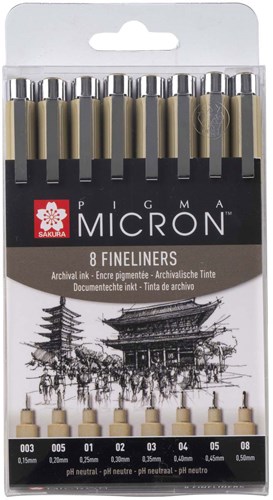 Sakura feutres noirs set - Pigma Micron étui 8 pièces noir