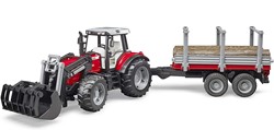 Bruder Bruder Massey Ferguson Tractor 7480 met frontlader en houttransport aanhanger