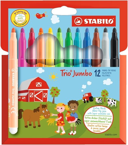 STABILO Trio Jumbo - stylo feutre - avec pointe extra épaisse de 3.0 mm - étui de 12 couleurs