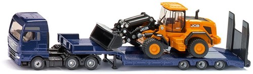 Siku Siku MAN Vrachtwagen met dieplader en JCB-shovel 1:87 metaal/kunststof blauw/geel opklapbare oprijplaat beweegbare arm