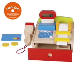 Goki caisse en bois avec vraie calculatrice magasin jouet