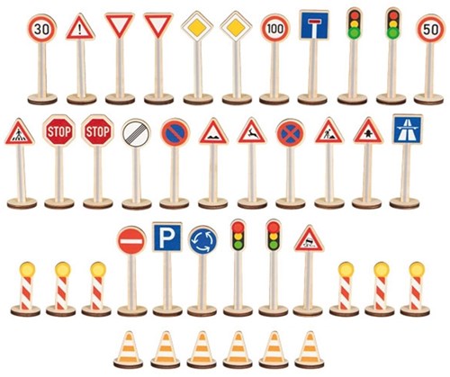 Goki Ensemble de Panneaux de Signalisation - Jouet en Bois Éducatif 40 pièces