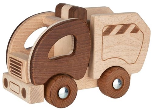 Goki camion poubelle en bois jouet durable brun FSC
