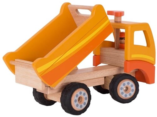 Goki Camion-benne en bois - Véhicule de chantier jouet orange avec roues pivotantes-2