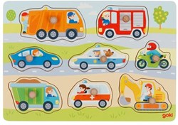 Goki puzzle véhicules en bois - puzzle à boutons 8 pièces jouet éducatif