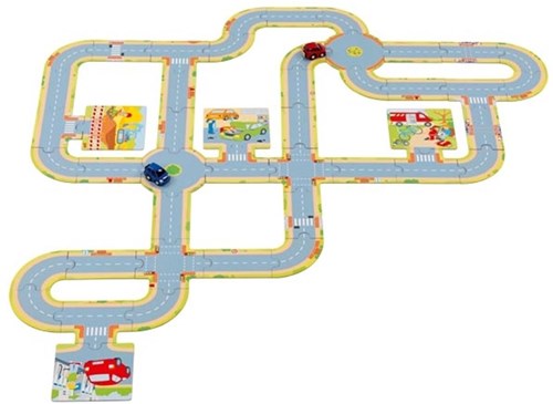 Goki Puzzle de Sol Routes avec 2 Véhicules - Jouet en Carton