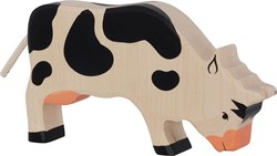 Holztiger vache en bois noire broutant - jouet animal de ferme