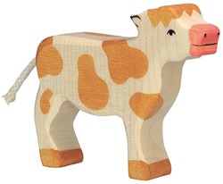 Holztiger veau en bois brun - figurine animal de ferme bois