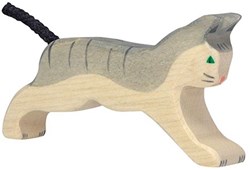 Holztiger figurine chat en bois jouet durable gris blanc en mouvement