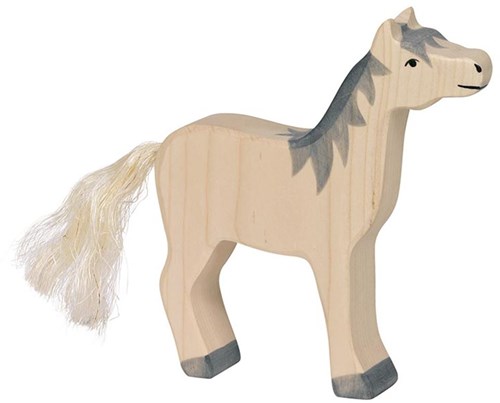 Holztiger cheval en bois figurine crinière grise tête levée