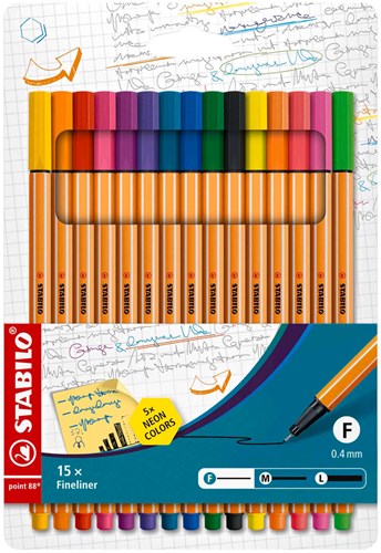 STABILO set de feutres fins 15 couleurs - point 88 - étui multicolore