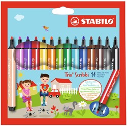 STABILO Trio Scribbi - stylo feutre ergonomique - indestructible grâce à sa pointe flottante - étui de 14 couleurs