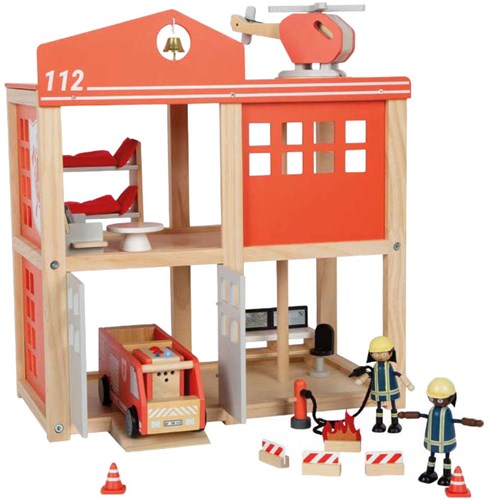 Small Foot caserne de pompiers en bois jouet avec accessoires et lumière-2