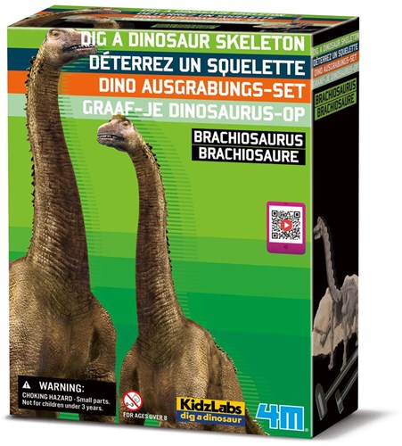 4M KidzLabs : GRAVE-YOU-DINOSAURUS-OP (Brachiosaurus) / F R A N S T A L I G E PACKAGE, kit de construction de squelette dans un bloc de plâtre, boîte 17x22x6cm, 7+