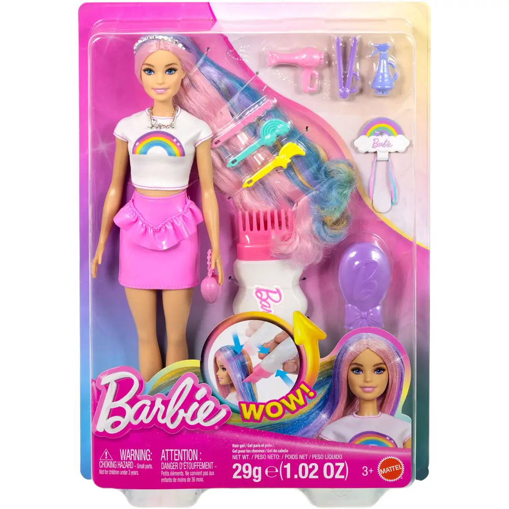 Poupée Barbie mode cheveux arc-en-ciel avec 12 accessoires coiffure